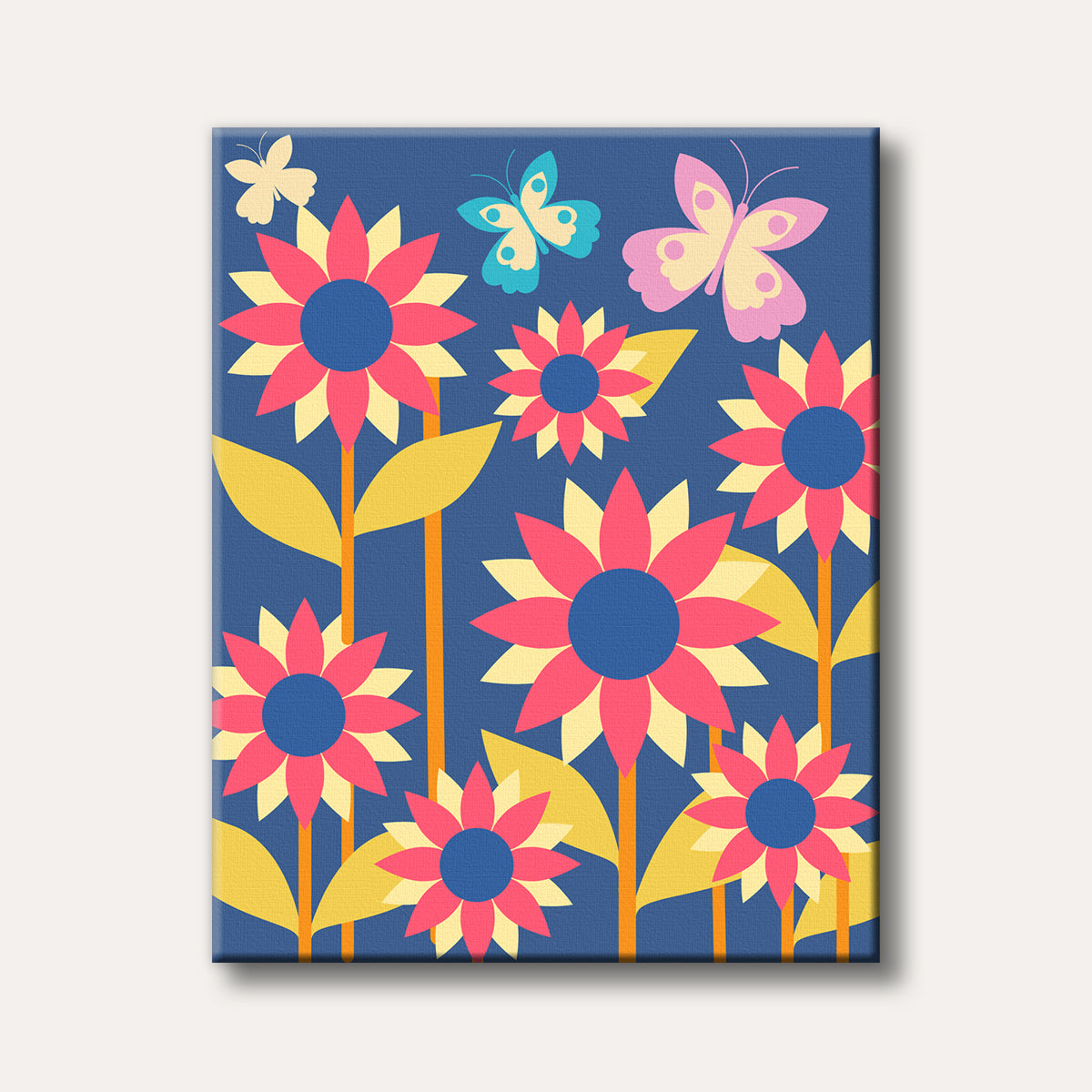 A vibrant flat-style illustration depicts a lively garden scene with pink and yellow flowers and colourful butterflies on a deep blue background.