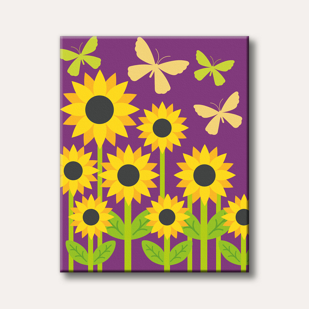A vibrant, stylized illustration depicting yellow sunflowers with green stems and leaves against a rich purple background, with light green and yellow butterflies in a cheerful scene.