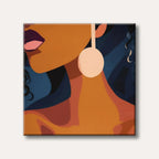 A modern, minimalist portrait painting depicting the profile of a woman with dark skin, prominent purple lips, and a large cream circular earring against a dark blue background, in a stylish and bold aesthetic.