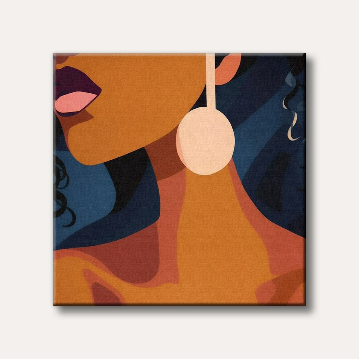 A modern, minimalist portrait painting depicting the profile of a woman with dark skin, prominent purple lips, and a large cream circular earring against a dark blue background, in a stylish and bold aesthetic.