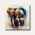 A majestic adult elephant stands with two baby elephants in a heartwarming watercolour painting, featuring earthy tones and vibrant abstract splashes, conveying a sense of family and protectiveness.