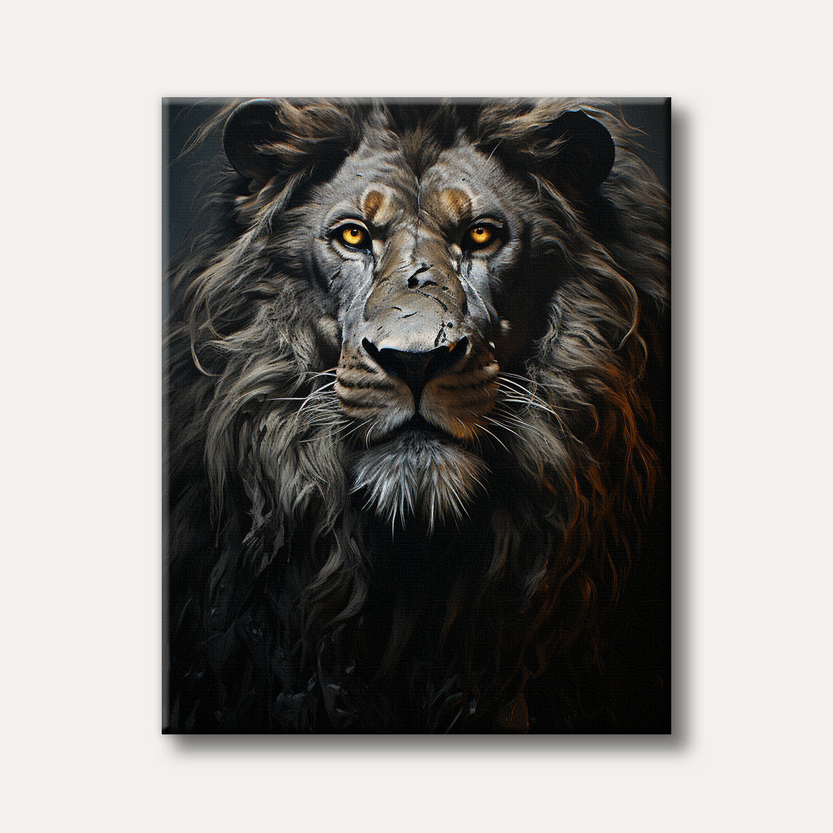 A striking close-up portrait of a powerful lion with a textured mane and piercing golden eyes, rendered in a dark and dramatic art style.