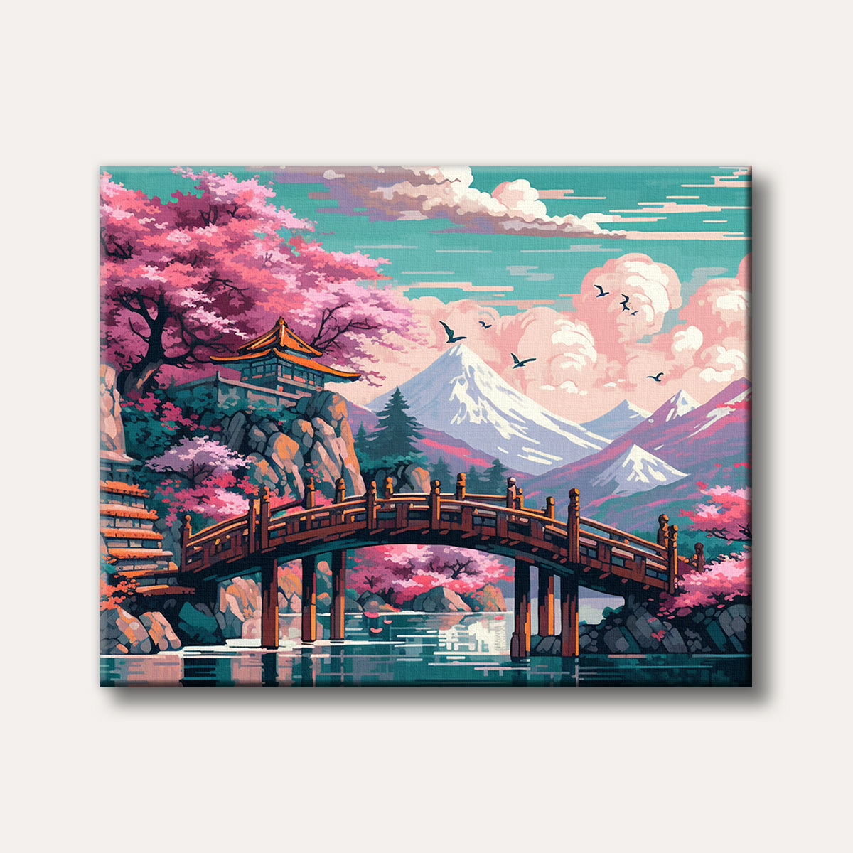 A pixel art illustration depicting a vibrant Japanese landscape with a traditional wooden bridge, abundant pink cherry blossom trees, a pagoda on a rocky outcrop, and snowy mountains under a bright sky.