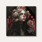 A striking gothic portrait of a woman with long dark hair, adorned with white and crimson-stained roses, set against a dark, ornate stained-glass window background, painted in a dark fantasy style.