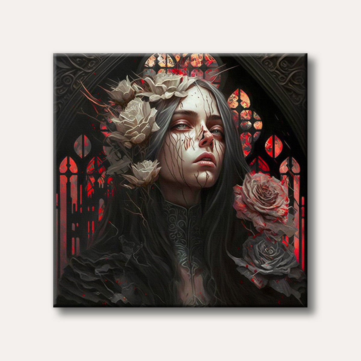 A striking gothic portrait of a woman with long dark hair, adorned with white and crimson-stained roses, set against a dark, ornate stained-glass window background, painted in a dark fantasy style.