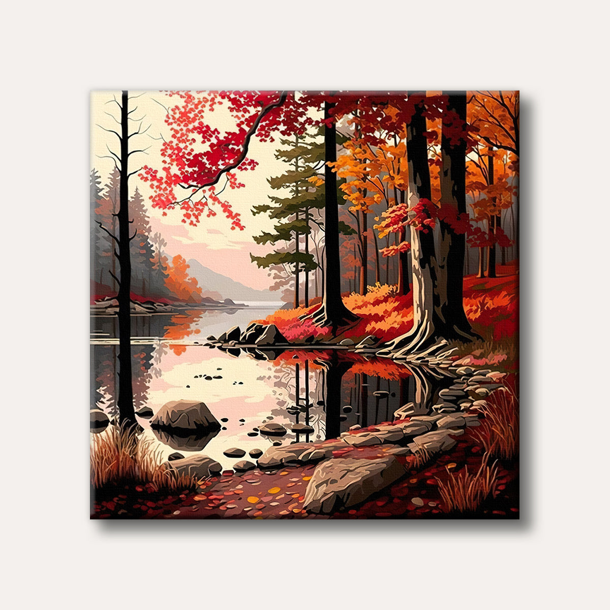 A vibrant autumn landscape painting depicting a forest with red and orange leaves reflected in a calm lake, rendered in a stylized, almost graphic manner.