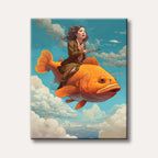 A whimsical painting depicts a young woman riding a large orange goldfish through a vibrant blue sky adorned with fluffy white clouds, rendered in a bright and imaginative style.
