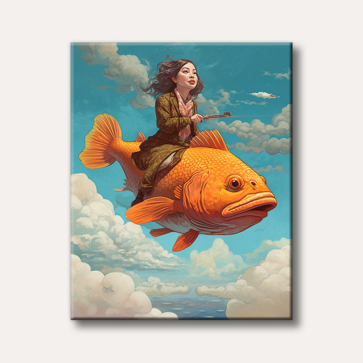 A whimsical painting depicts a young woman riding a large orange goldfish through a vibrant blue sky adorned with fluffy white clouds, rendered in a bright and imaginative style.