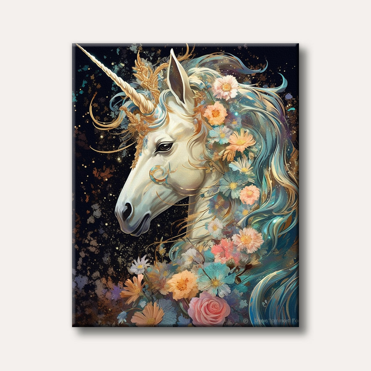A fantastical painting of a white unicorn with a golden horn, its flowing blue mane and neck covered in a vibrant array of pastel flowers against a dark, sparkling background, rendered in a whimsical, illustrative style.