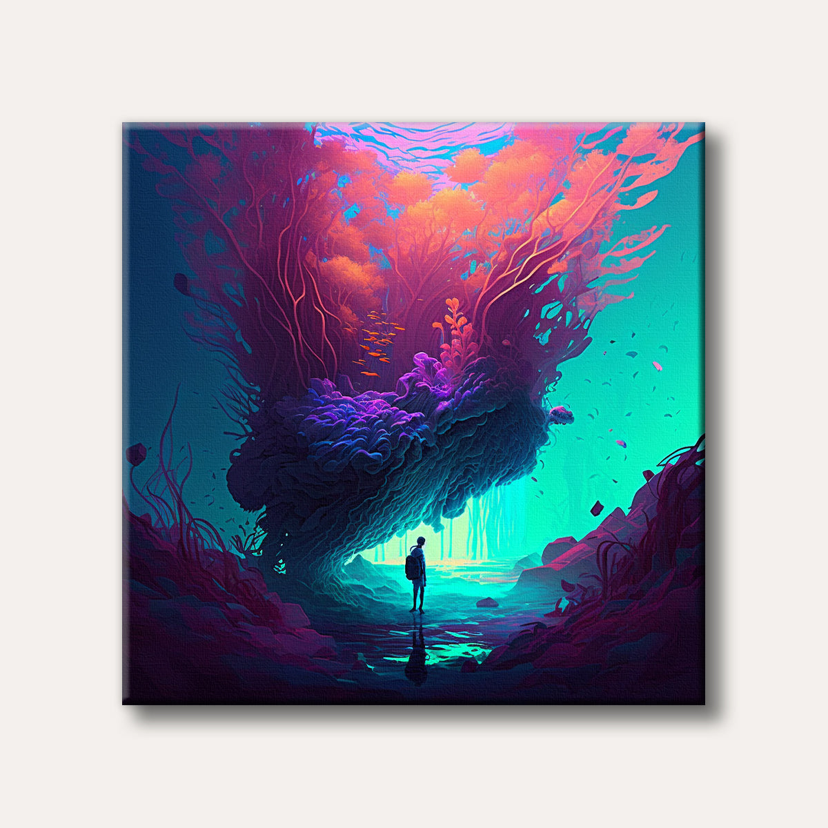 A surreal and vibrant digital painting depicts a lone figure standing in a luminous underwater or otherworldly cavern, surrounded by glowing pink, purple, and orange flora with turquoise light.