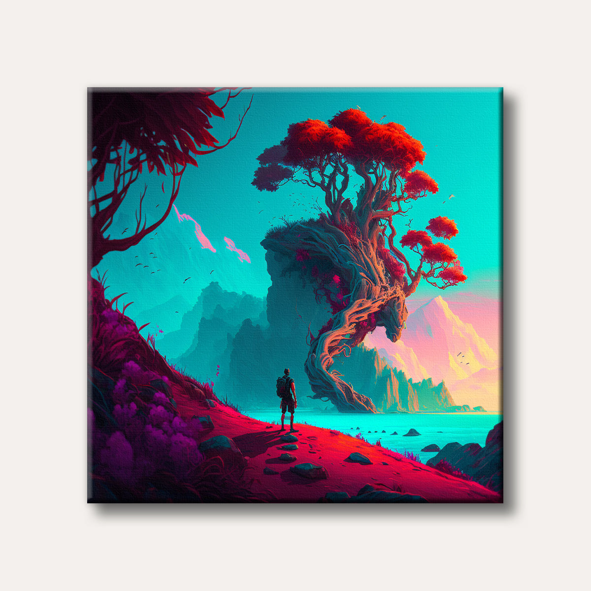 A vibrant and surreal landscape painting featuring a lone figure on a red hill facing a massive, fantastical tree with red leaves by a turquoise sea, set against a turquoise and pink sky.