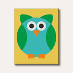 A whimsical illustration of a teal and green owl with large eyes and an orange beak, presented in a minimalist, flat design style on a yellow background.
