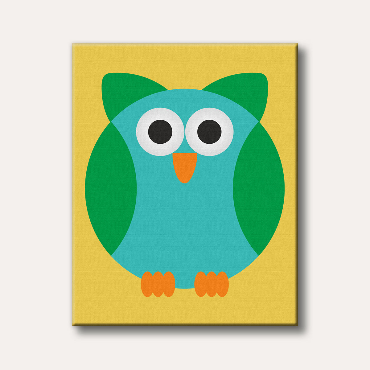 A whimsical illustration of a teal and green owl with large eyes and an orange beak, presented in a minimalist, flat design style on a yellow background.