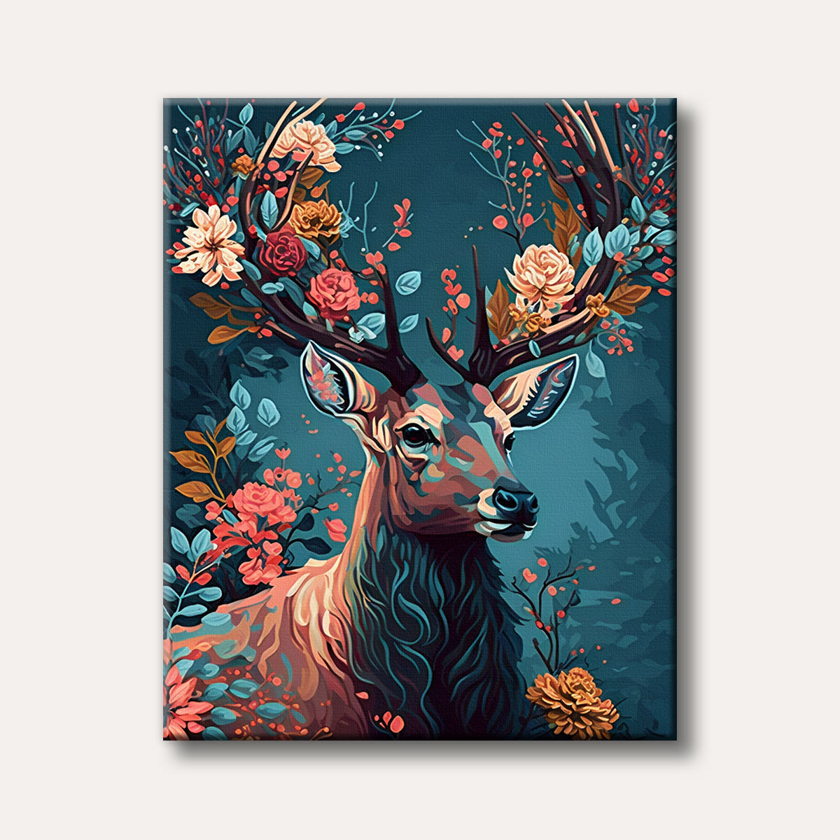 A vibrant, stylized painting featuring a majestic deer whose antlers and body are covered in an array of colourful flowers and green foliage, set against a deep teal background.