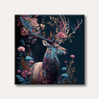 A stylized painting of a majestic stag with antlers adorned in colourful flowers and leaves, set against a dark, elegant background in a whimsical, decorative style.