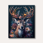 A detailed digital painting of a majestic deer with large, ornate antlers intertwined with an abundance of colourful flowers and lush green foliage, set against a dark, mystical background.