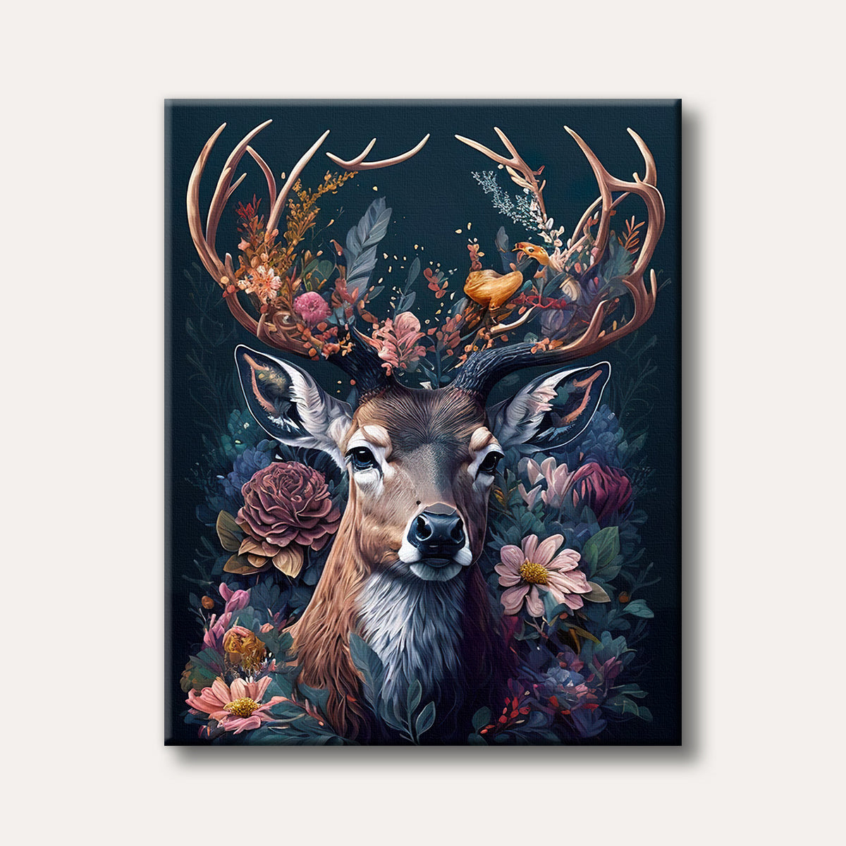 A detailed digital painting of a majestic deer with large, ornate antlers intertwined with an abundance of colourful flowers and lush green foliage, set against a dark, mystical background.