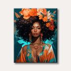 A vibrant portrait painting of a woman with dark curly hair crowned with orange and yellow flowers, dressed in a patterned orange and teal gown with ornate jewelry.