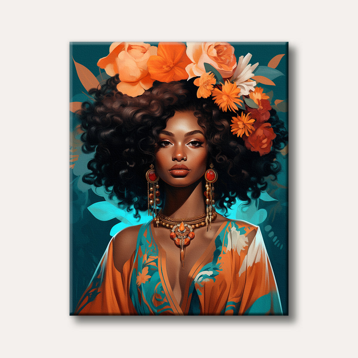 A vibrant portrait painting of a woman with dark curly hair crowned with orange and yellow flowers, dressed in a patterned orange and teal gown with ornate jewelry.