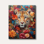 A vibrant, painterly illustration of a majestic leopard's face peering out from a dense, colourful jungle of tropical flowers and leaves.