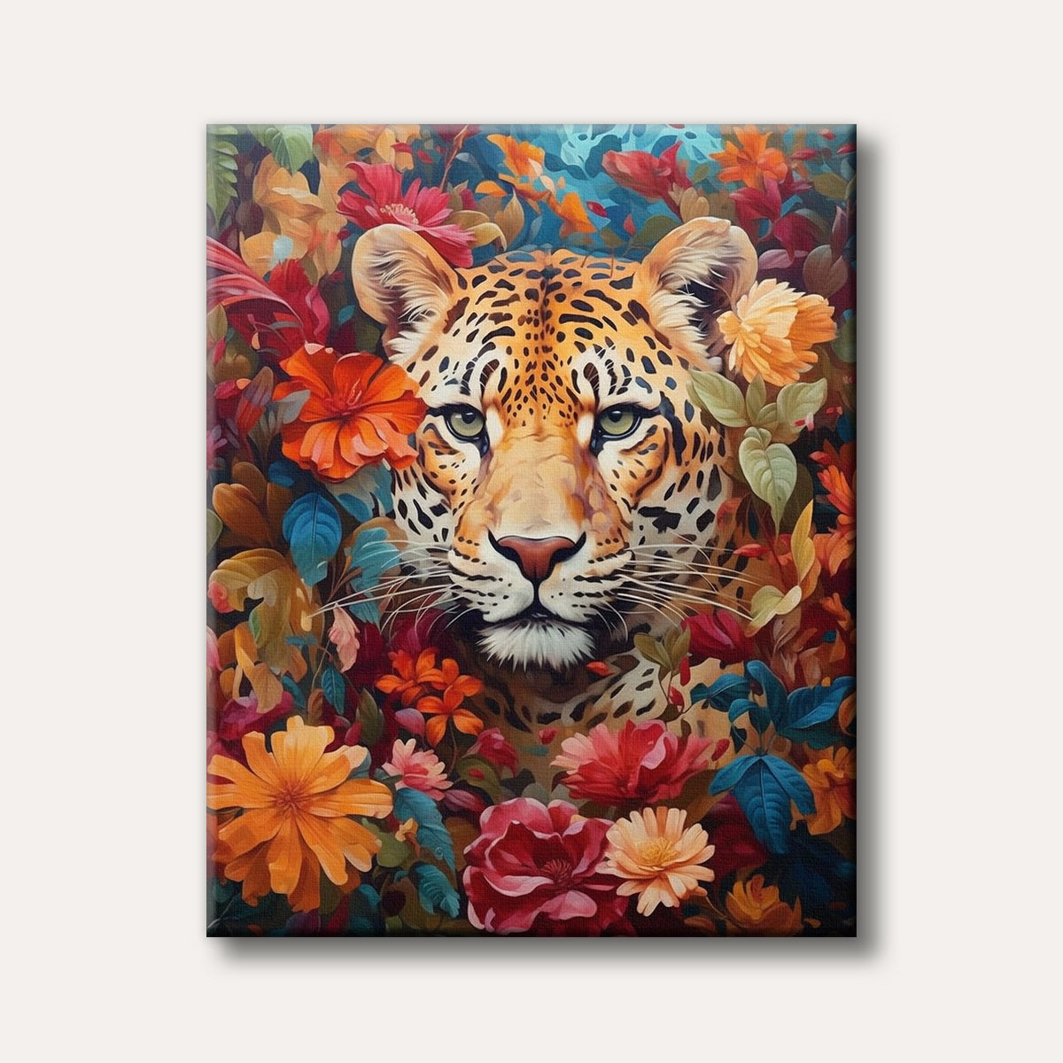 A vibrant, painterly illustration of a majestic leopard's face peering out from a dense, colourful jungle of tropical flowers and leaves.