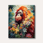 A vibrant illustration of an orangutan with striking orange fur, nestled amongst a lush array of colourful tropical flowers and green foliage, depicted in a rich, painterly style.