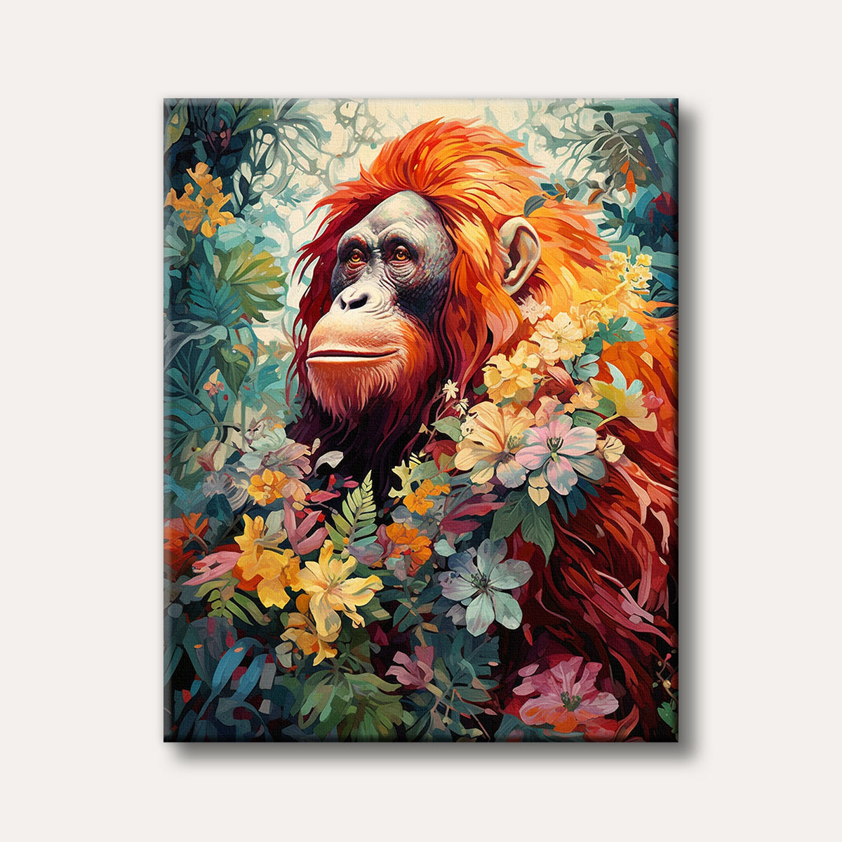 A vibrant illustration of an orangutan with striking orange fur, nestled amongst a lush array of colourful tropical flowers and green foliage, depicted in a rich, painterly style.