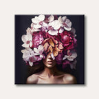 A captivating painting of a woman adorned with a large, elaborate crown of white, pink, and red flowers, obscuring her eyes, against a dark, dramatic background in a realistic style.