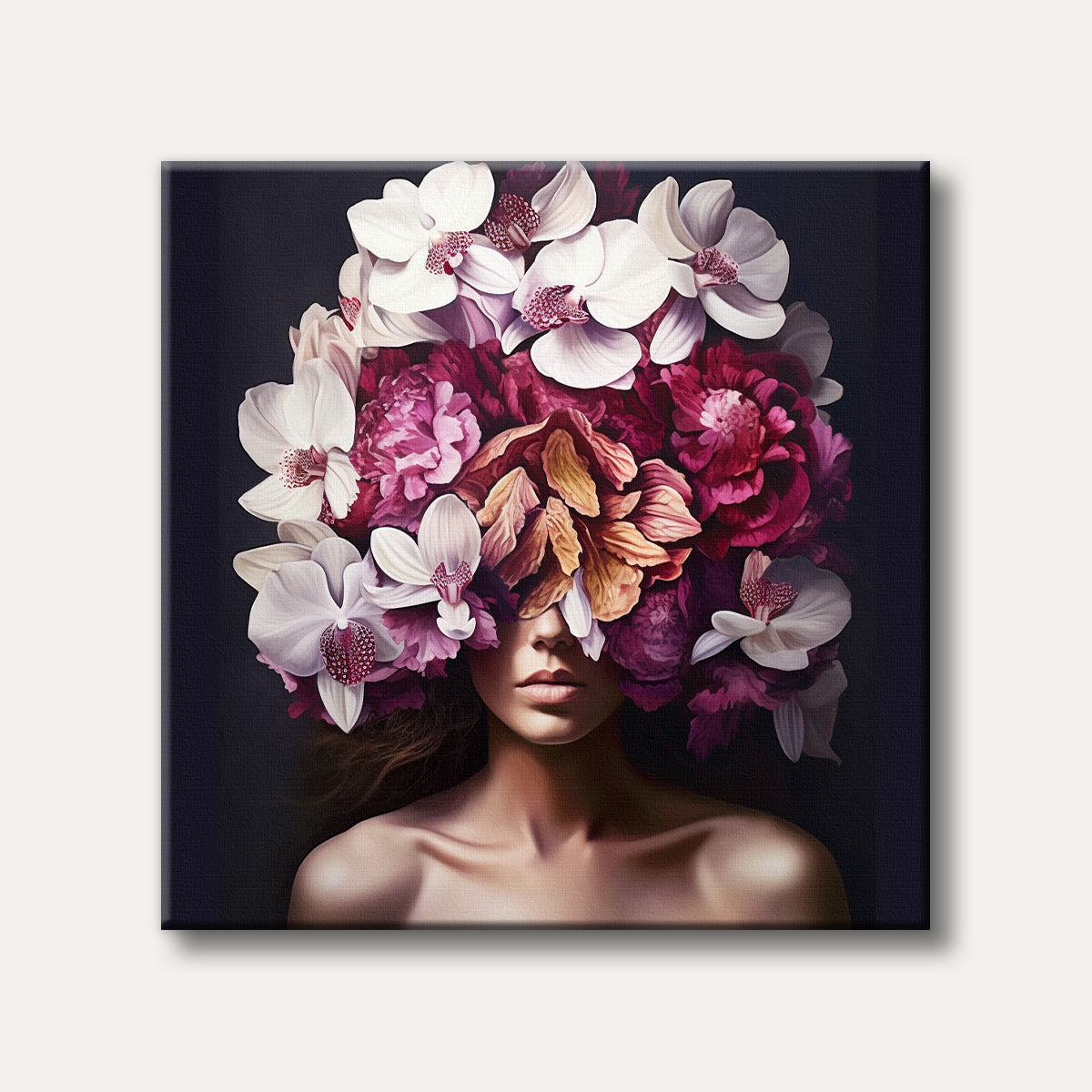 A captivating painting of a woman adorned with a large, elaborate crown of white, pink, and red flowers, obscuring her eyes, against a dark, dramatic background in a realistic style.