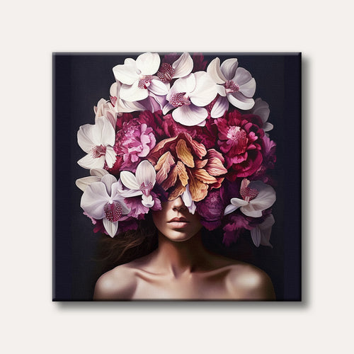 A captivating painting of a woman adorned with a large, elaborate crown of white, pink, and red flowers, obscuring her eyes, against a dark, dramatic background in a realistic style.
