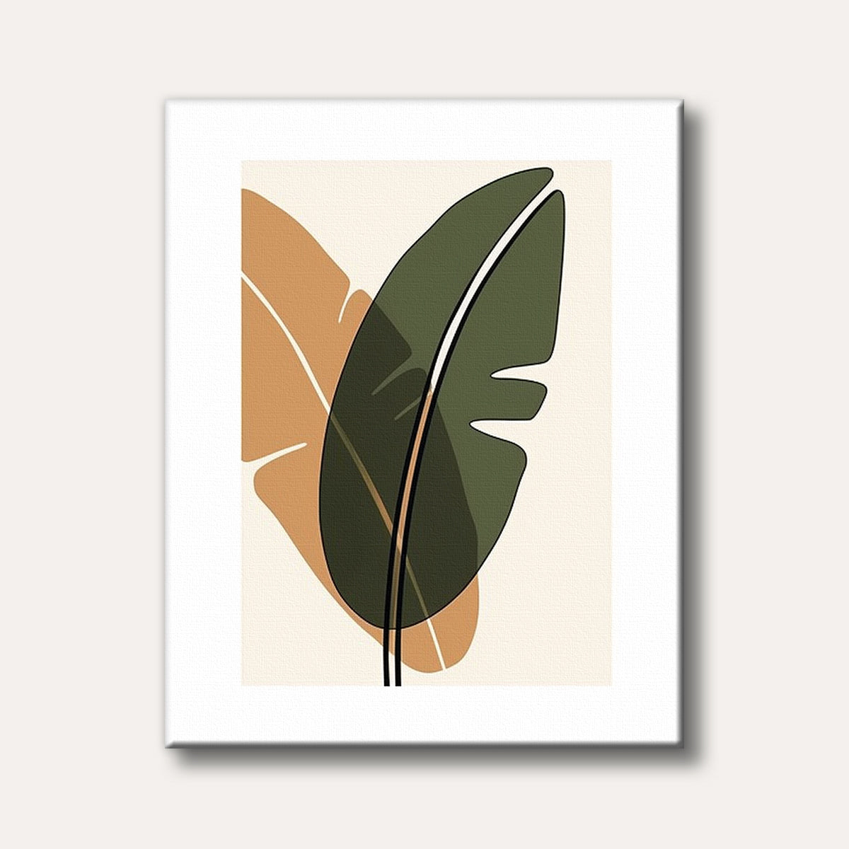 A minimalist and modern illustration of two overlapping tropical leaves in dark green and beige on a cream background, defined by simple lines.