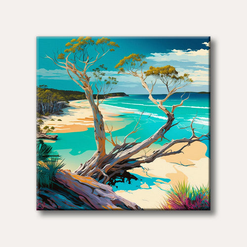 A vibrant, stylized painting of a tropical beach with light-barked trees, turquoise ocean waves, and a golden sandy shore under a bright blue sky.
