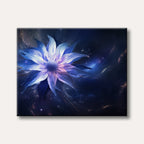 A vibrant, fantastical flower with glowing blue and purple petals set against a dark, cosmic background filled with stars and nebulae, rendered in an abstract and mystical style.