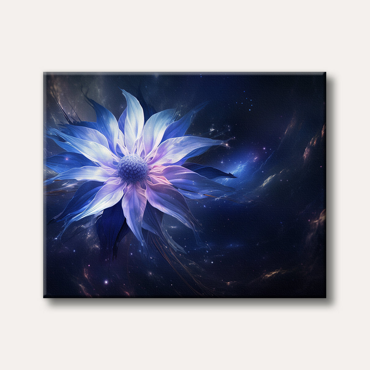A vibrant, fantastical flower with glowing blue and purple petals set against a dark, cosmic background filled with stars and nebulae, rendered in an abstract and mystical style.