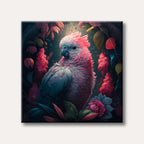 A vibrant pink and grey cockatoo with a prominent pink crest is depicted in a lush, dark tropical jungle, painted in a realistic and detailed style.