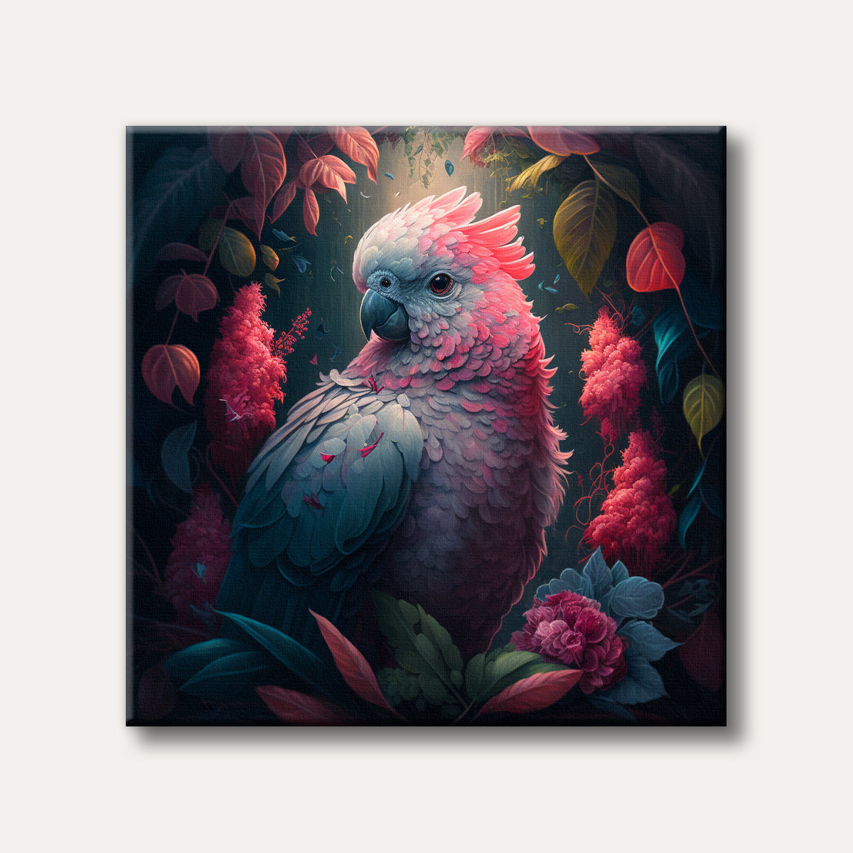 A vibrant pink and grey cockatoo with a prominent pink crest is depicted in a lush, dark tropical jungle, painted in a realistic and detailed style.