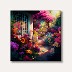 A vibrant and dreamlike painting of a sunlit garden pathway lined with an abundance of colourful flowers in shades of pink, red, and yellow, leading towards a house with a large window.