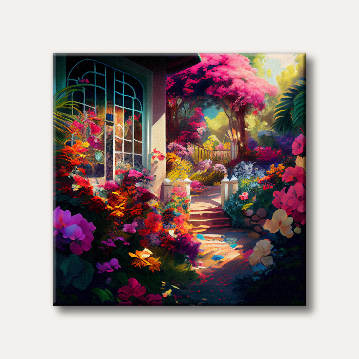 A vibrant and dreamlike painting of a sunlit garden pathway lined with an abundance of colourful flowers in shades of pink, red, and yellow, leading towards a house with a large window.