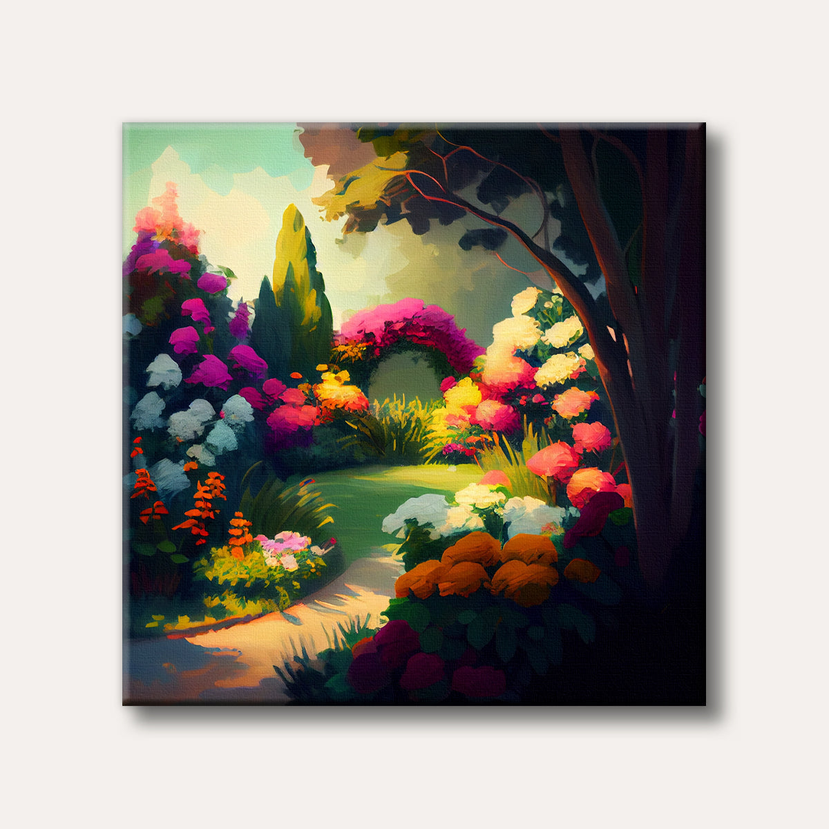 An impressionistic painting of a vibrant garden path surrounded by bright pink, purple, yellow, and white flowers under a soft, sunlit sky, creating a serene and enchanting mood.