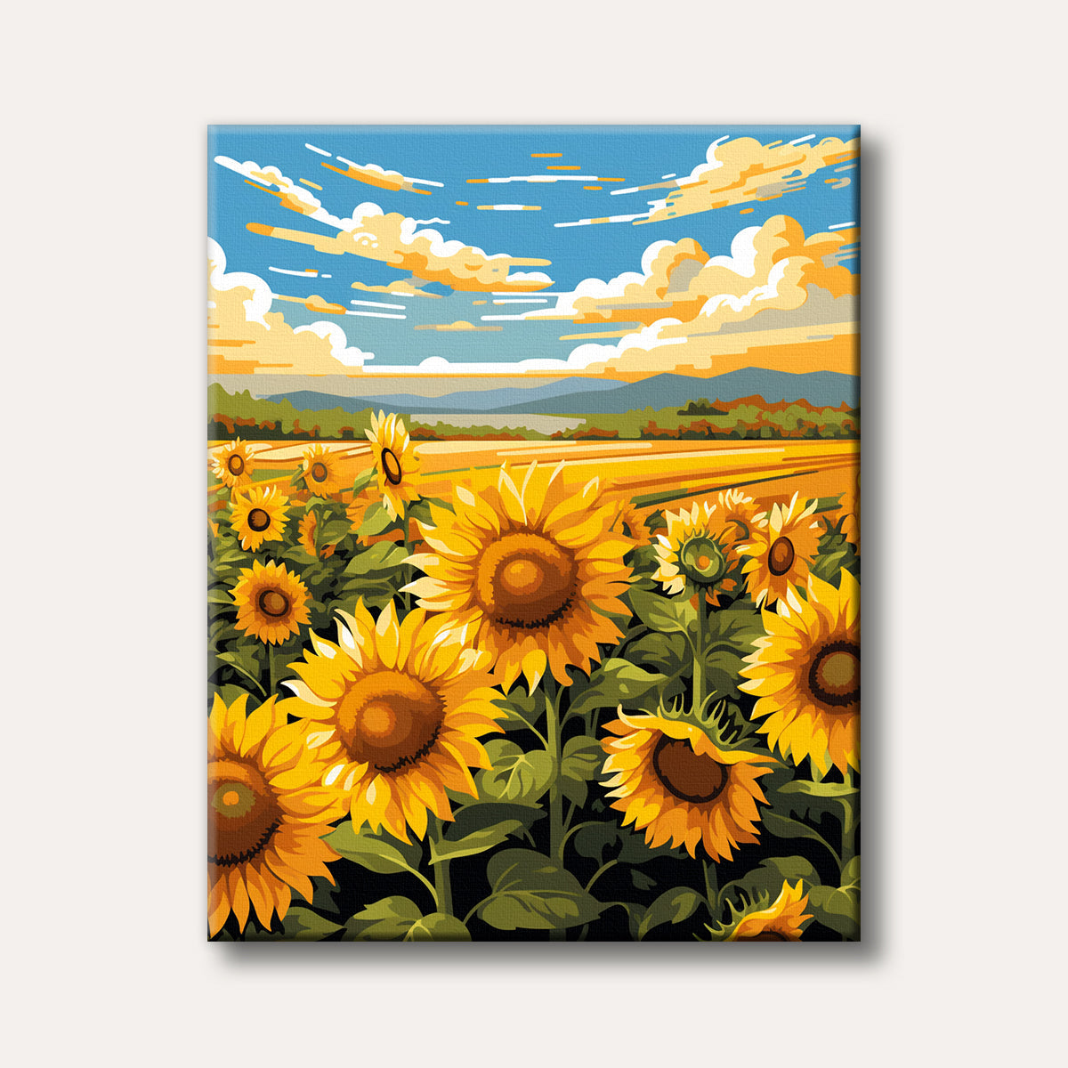 A brightly coloured illustration of a sprawling sunflower field under a vast sky filled with expressive, warm-toned clouds, rendered in a bold, stylized manner.
