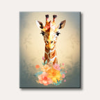 A modern artistic depiction of a giraffe's head with geometric patterns, surrounded by soft, colourful flowers, against a warm gradient background.
