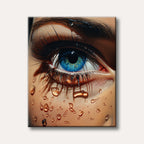 A captivating hyper-realistic close-up painting of a human eye with a bright blue iris and long lashes, surrounded by clear water droplets on the skin.