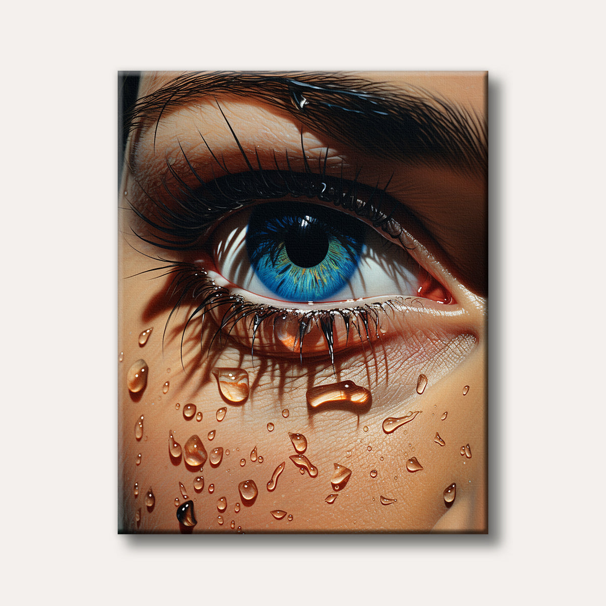 A captivating hyper-realistic close-up painting of a human eye with a bright blue iris and long lashes, surrounded by clear water droplets on the skin.