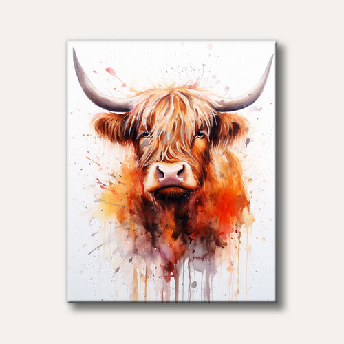 A striking painting featuring the head of a shaggy Highland cow with large horns, rendered in warm brown and orange tones with expressive paint splatters and drips on a white background.