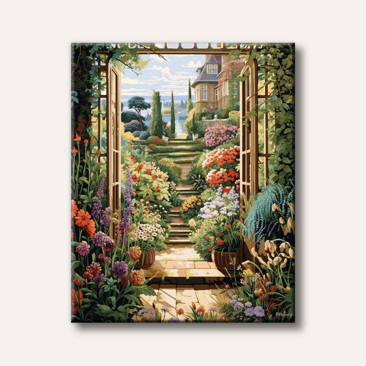A vibrant painting of a picturesque garden gate opening to a lush terraced garden with a grand house and distant lake, rendered in a detailed, traditional style.