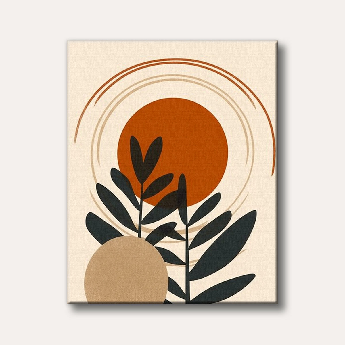 An abstract painting featuring dark green plant silhouettes in front of a large burnt orange sun and curved lines, rendered in a minimalist and earthy style.