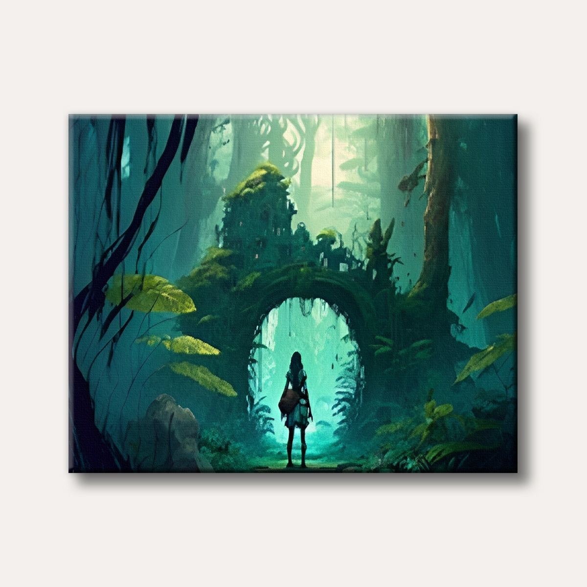 A surreal digital painting of a person standing before a mystical, glowing archway in a dark, overgrown fantasy forest, evoking a sense of adventure.