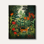 A vibrant naive style painting depicting a spotted leopard standing amidst lush green jungle foliage with striking red and orange tropical flowers.