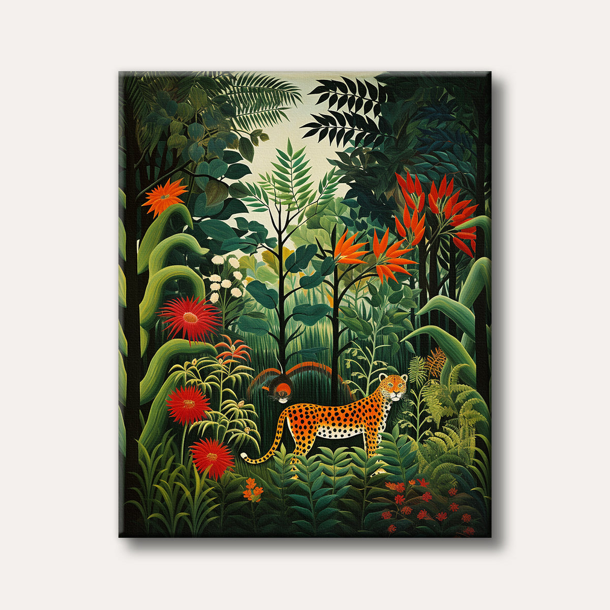 A vibrant naive style painting depicting a spotted leopard standing amidst lush green jungle foliage with striking red and orange tropical flowers.