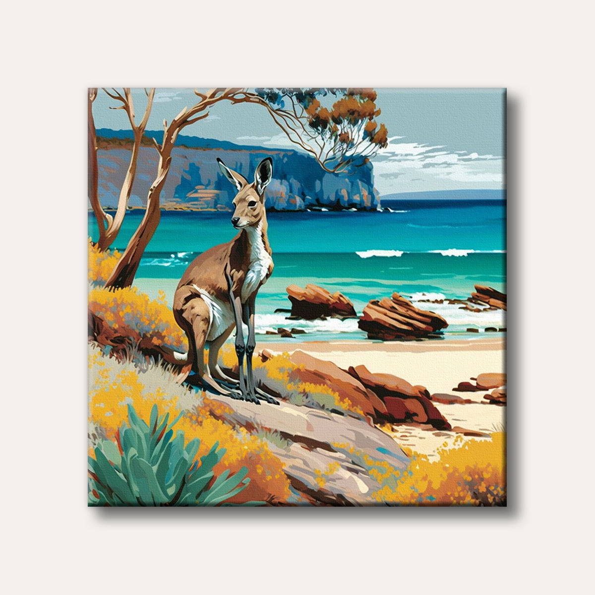 A stylized painting depicts a brown kangaroo standing on a rocky, sandy coast overlooking a bright turquoise ocean with distant cliffs under a clear sky.